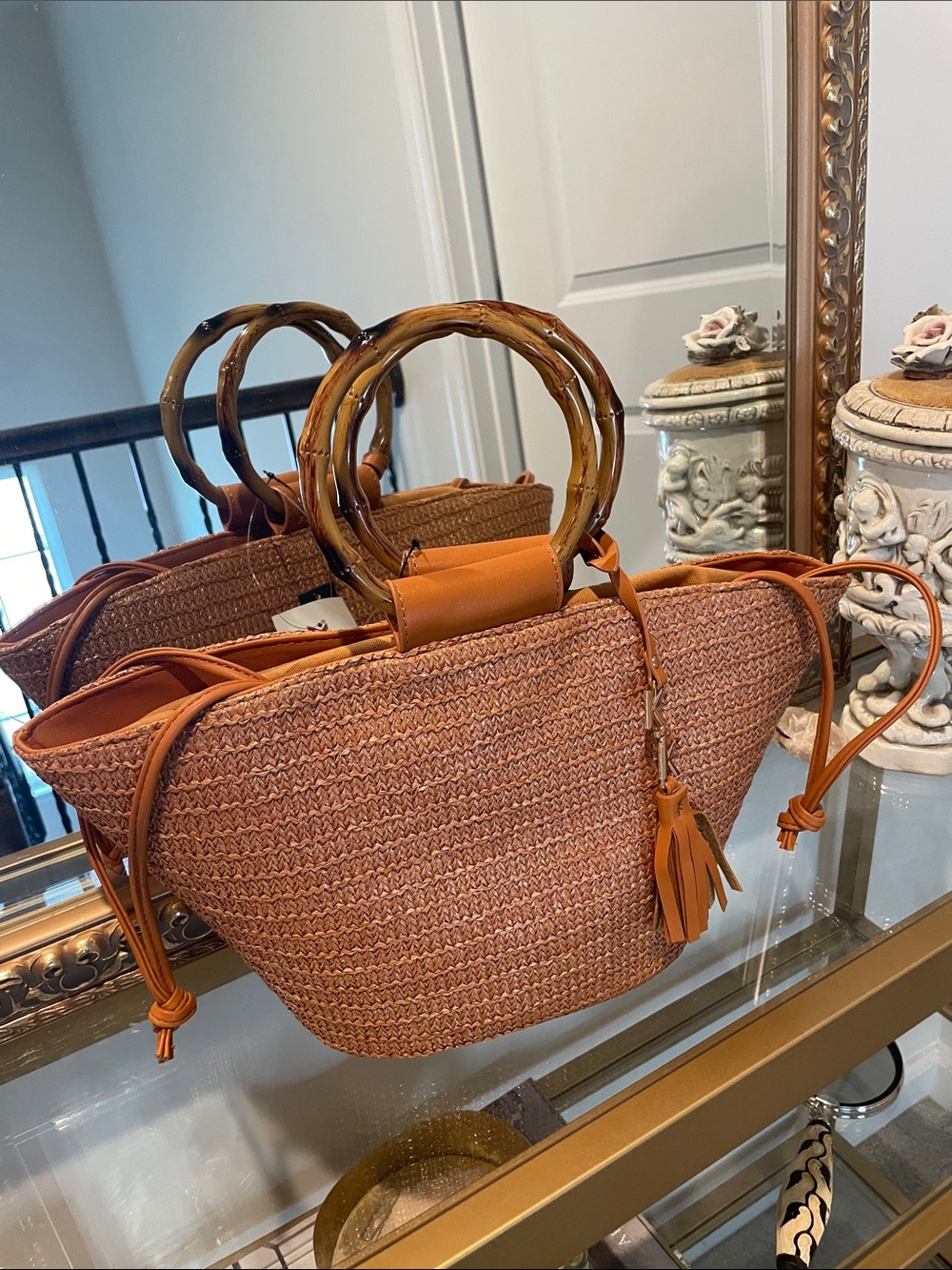 Kendall+kylie Woven Straw Tote Bag with Bamboo Handles - Orange